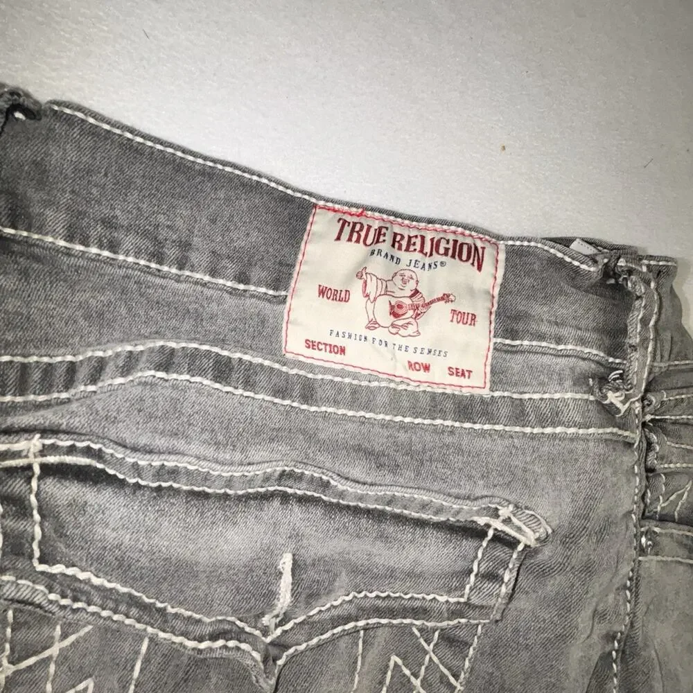 True Religion Jeans 34x32.5 Gray Ricky Flap Pocket Straight Leg Distressed READ